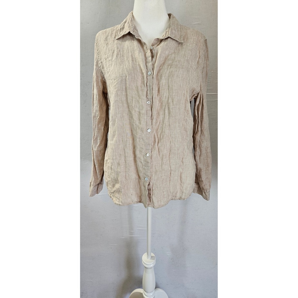 Tahari Womens XL Beige 100% Linen Long Sleeve Button Down Shirt Classic Blouse